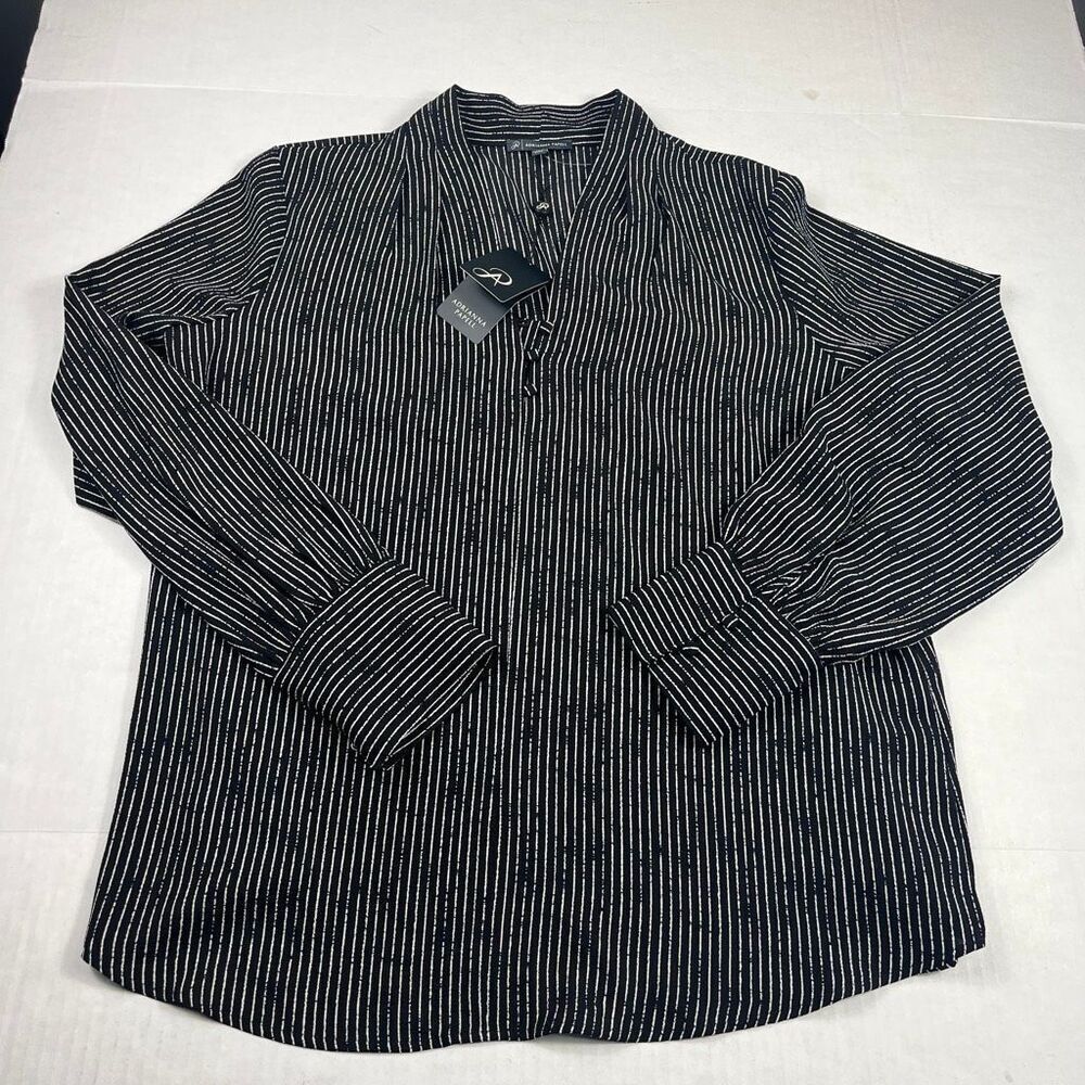 Adrianna Papell Black White Pinstripe Blouse Modern Minimal Workwear Top L NWT